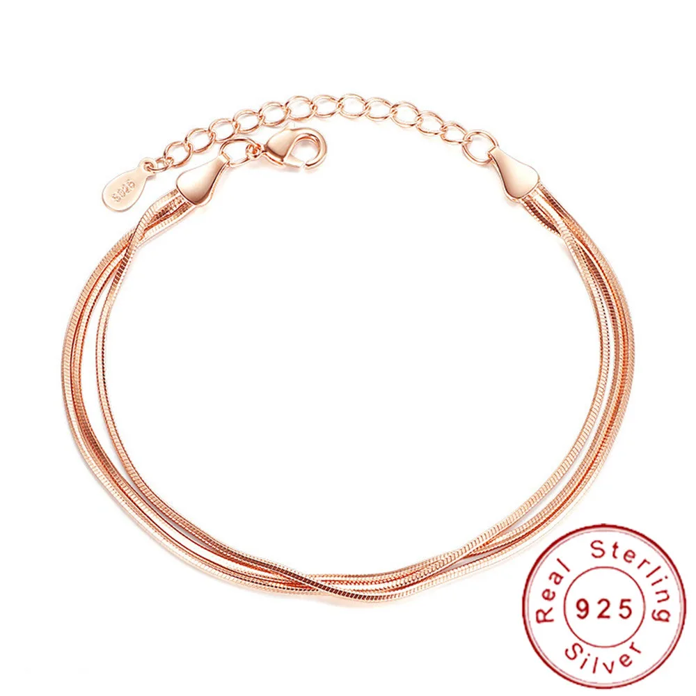 Настоящий чистый 925 пробы серебряный плоский браслет-цепочка со змеиным узором женское розовое Золотое запястье нарукавная повязка женский браслет Argent SB014
