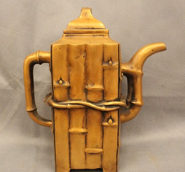 

wholesale factory 8" Marked China Chinese Dyansty Palace Bronze Bamboo Handle Wine Tea Pot Flagon