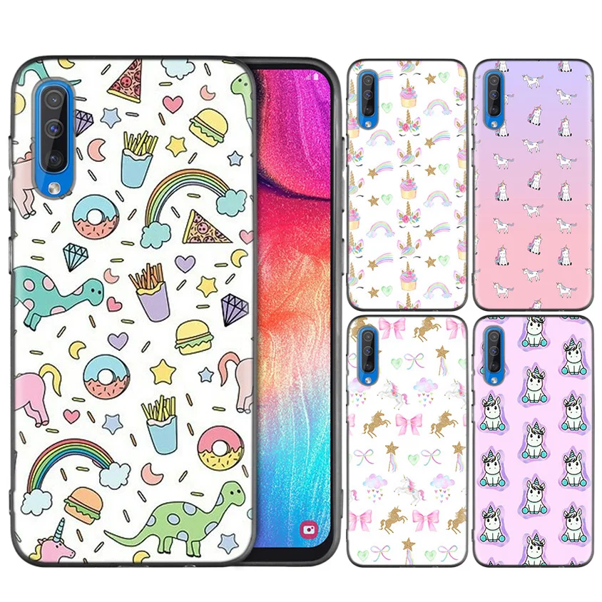 

Black Dark Silicone Case for Samsung Galaxy A50 A30 A10 M30 Cases Cover Shell Coque cute unicorn dinosaur rainbow