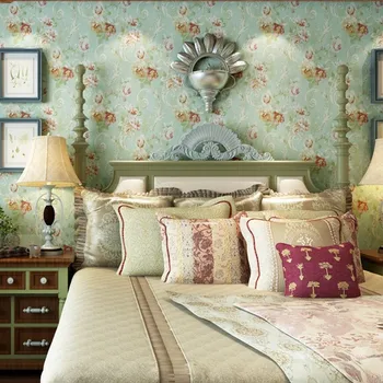 

Free Shipping American village retro style light green pastoral flower wallpaper bedroom living room background wallpaper