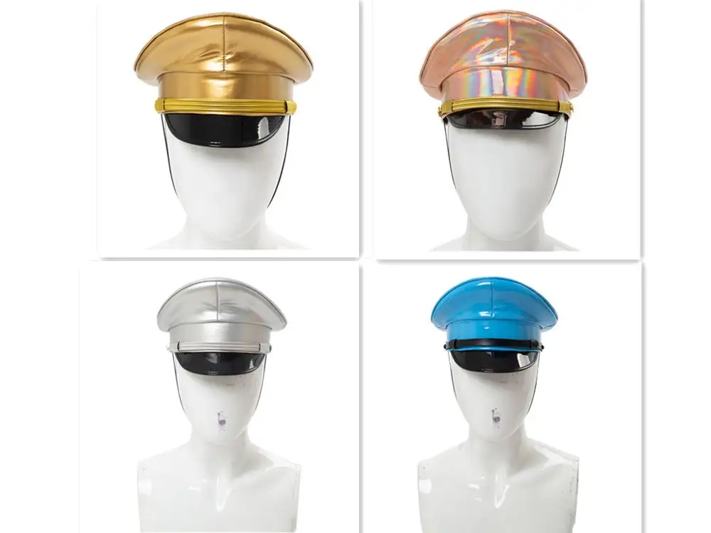 

New PU Leather Military Hat Performance Stage Show Night Bar Cap Captain Cap 4 Colors Version Men Women