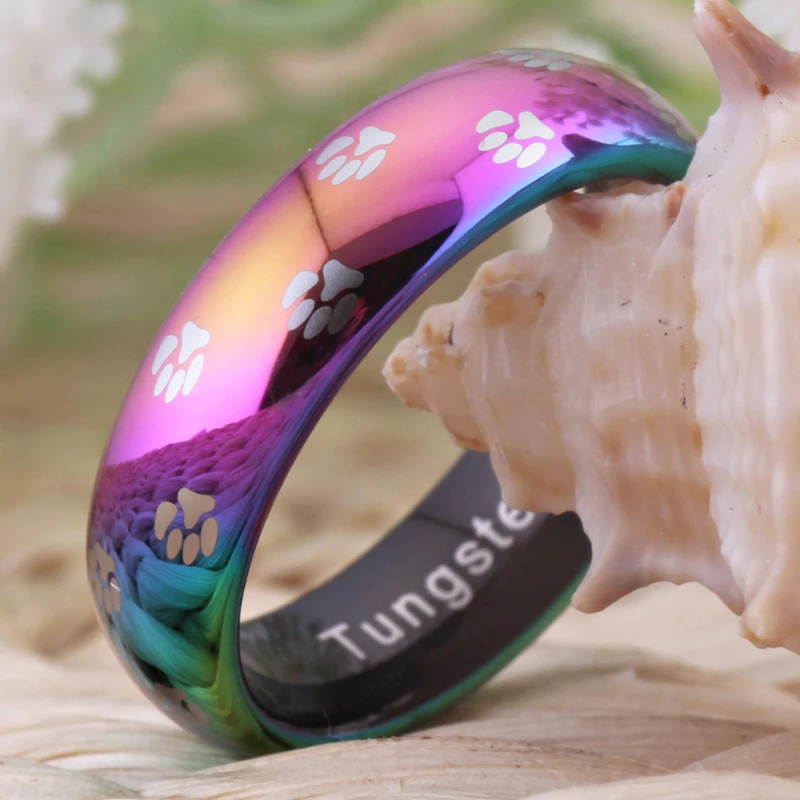 Женское Обручальное кольцо для помолвки кольцо 6 мм милые собака и кошка кольца с лапой чистое вольфрамовое Радужное кольцо с изображением животного Подарок на годовщину вечерние кольца