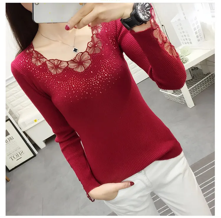 Women Pullovers 2019 Flower Lace Pullover Sweaters Fashion Round Collar Knitted Tricot Pull Fall High Elastic Sweater Women (6)