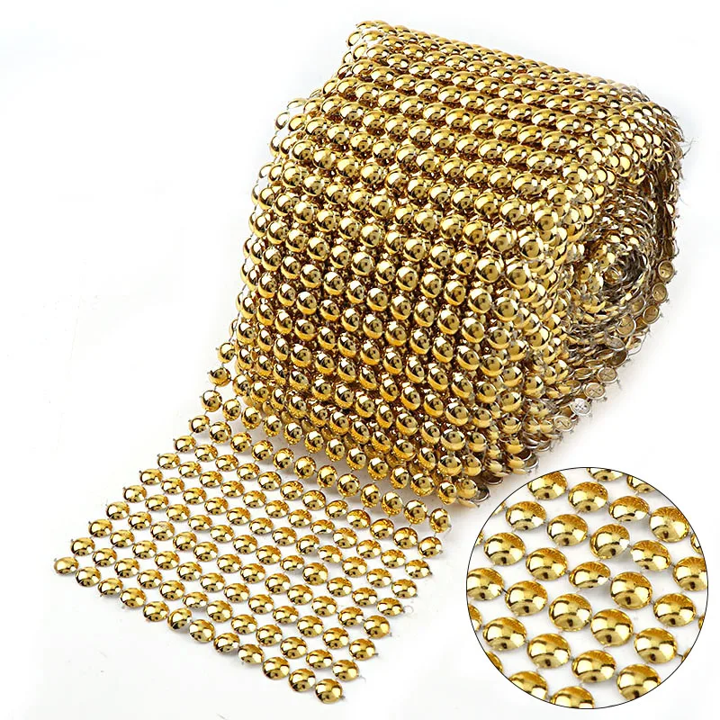 

1Yard 12 Rows 9mm Half Round Gold Rhinestone Mesh Trim ABS Plastic Punk Style Trimming Sew On For DIY Craft Jewelry Decoration
