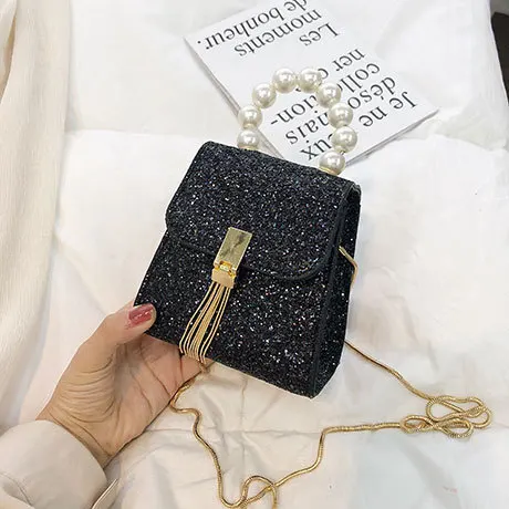 

2019 New Simple Pu Leather Shoulder Messenger Bag Sequined Handbag Pearl Shoulder Bag Fashion Small Square Bag A729