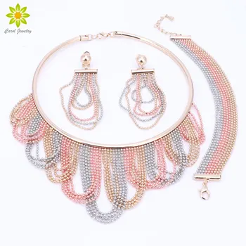 

Fashion Charm Mix Three Colors Jewelry Sets For Women African Tassel Necklace Earrings Bracelet Party Dress Accessories