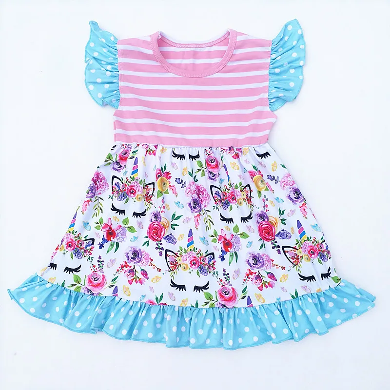 

2018 Adorable Baby Girl Unicorn Dress Kid Milk Silk Pearl Dress For Party Girl Striped Dot Dresses