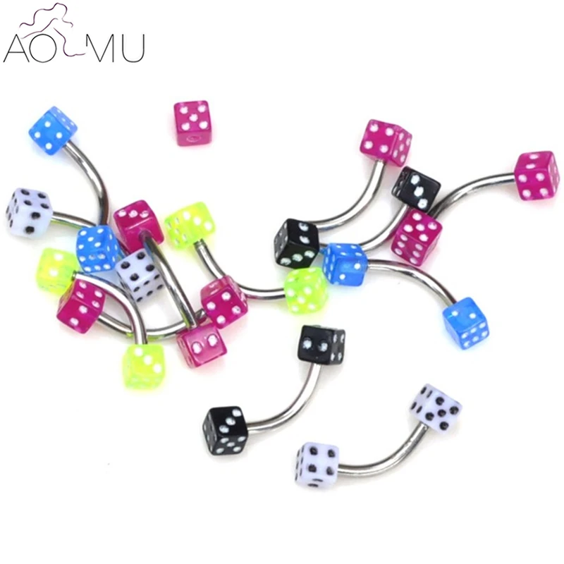

5pcs/lot 18 Gauge 1.0*8*3mm Double Dice Cube Ball Curved Eyebrow Ring Tongue Rings Lip Bar Piercing Body Jewelry for Women Men