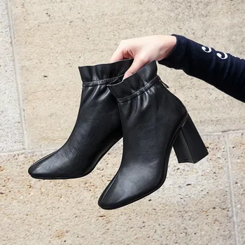 

GPOKHDS 2019 women ankle boots cow leather winter short plush black color square toe zippers high heels female boots