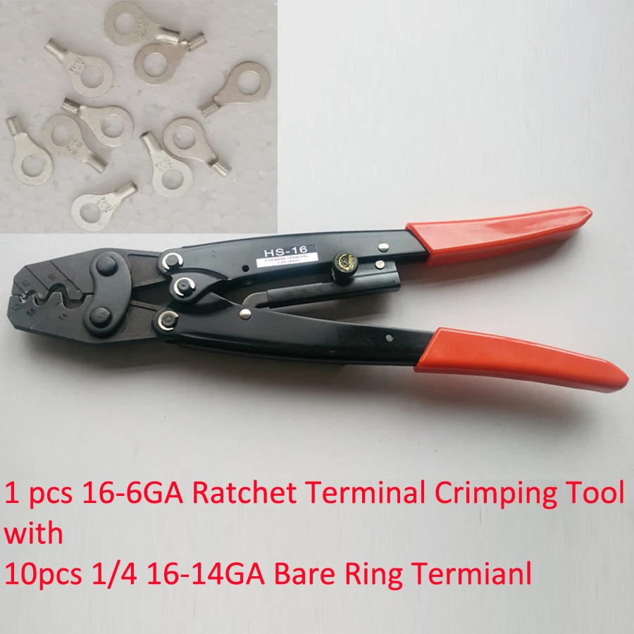 

HS-16 Ratchet Terminal Crimper for Non-insulated AWG16-6 with 10 1/4 16-14Ga Wire Ring Terminal Connector Uninsulated