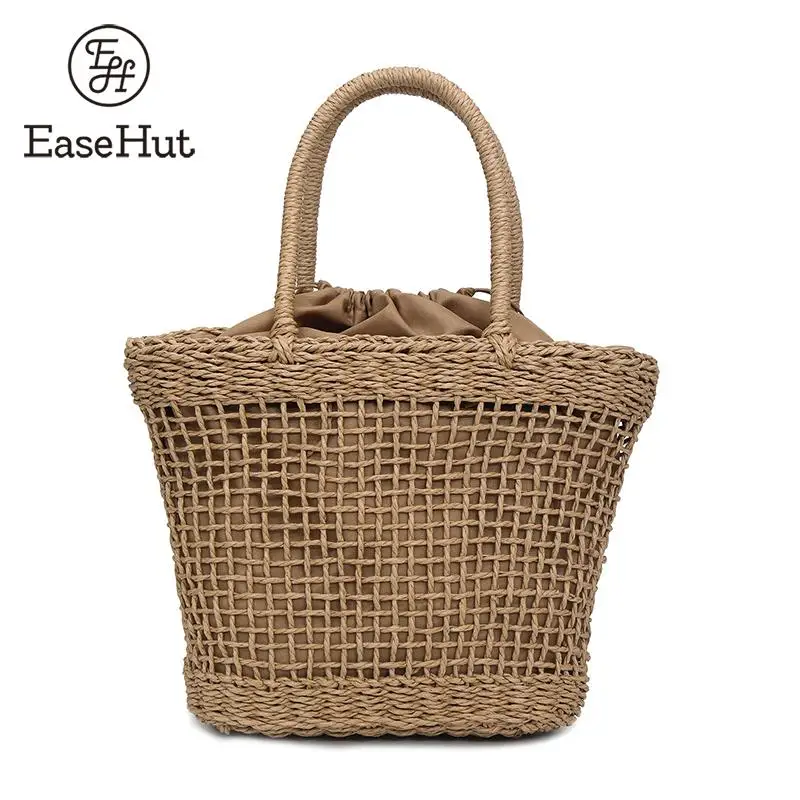 

Women Round Beach Bag Straw Handmade Hollowed Bag Fishing Net Portable Holiday Summer Bag Khaki/White
