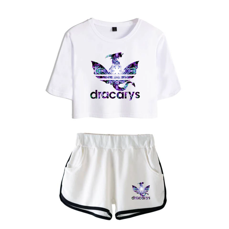 

Dracarys Kpop Women Tshirt Kpop Crop Shorts 2 Piece Set Game Of Thrones Suit Sexy Pajamas Harajuku Summer Women's T shirt 2XL