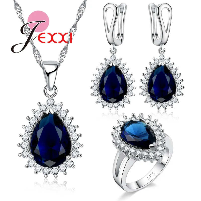 JEXXI Top Quality Waterdrop Pendant Necklace Huggie Hoop Earrings font b Rings b font 3PC Jewelry