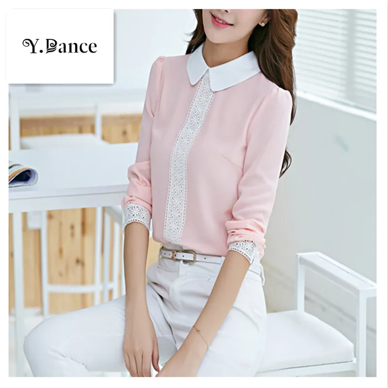 

2019 New Autumn Peter pan collar chiffon blouse, Women's long sleeve Lace Crochet top blouses, women pink blusas shirts