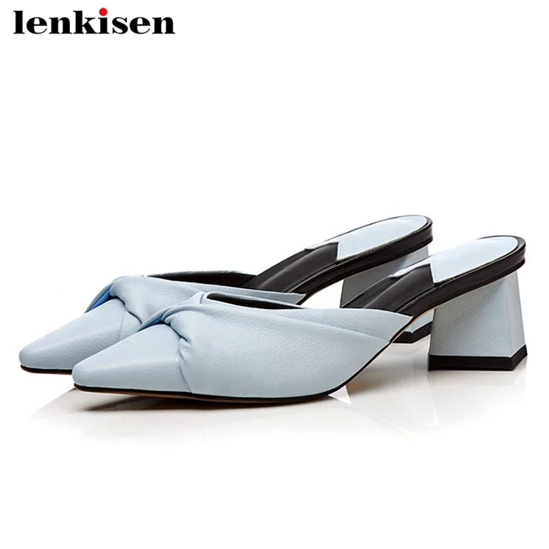 

Lenkisen 2018 spring summer new pointe toe shallow mules slip on concise sandals office lady women high heels summer shoes L34