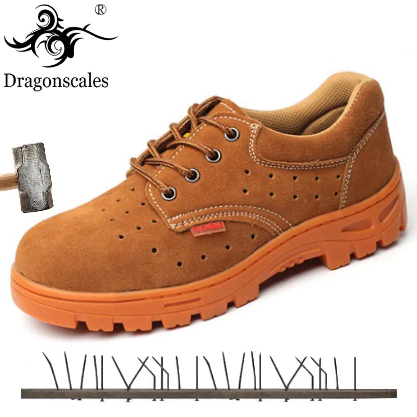 

2019 Mens Work Boots Safety Shoes Trainers Steel Toe Brown Breathable Extra Wide Cow Leather Steel Midsole Indestructible Boots