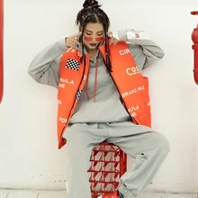 Для женщин жилет оранжевый с принтом букв повседневное зима Вязаные жилеты для Женская безрукавка воротник стойка Harajuku женские пальт