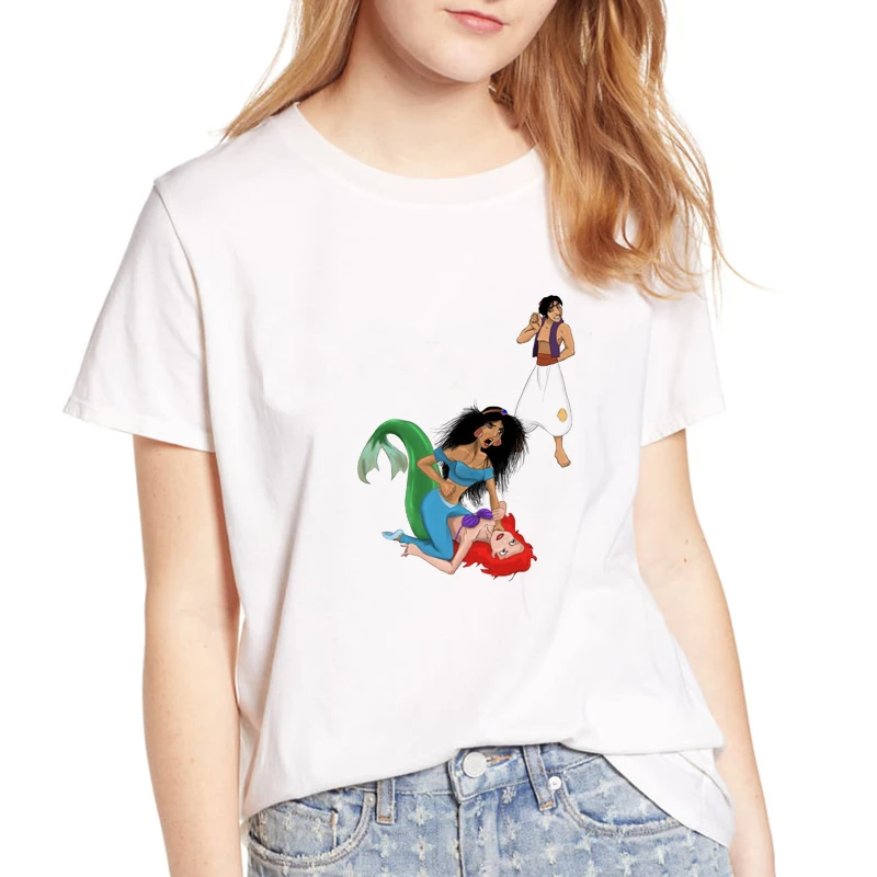 

Ariel and Mulan fighting Graphic Tees Women Casual Korean Streetwear Harajuku Kawaii Streetwear Plus Size Gothic Women Clothes