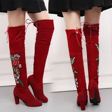 Big size new 2019 autumn and winter Europe  America thick-heeled embroidered knee boots  long-bodied