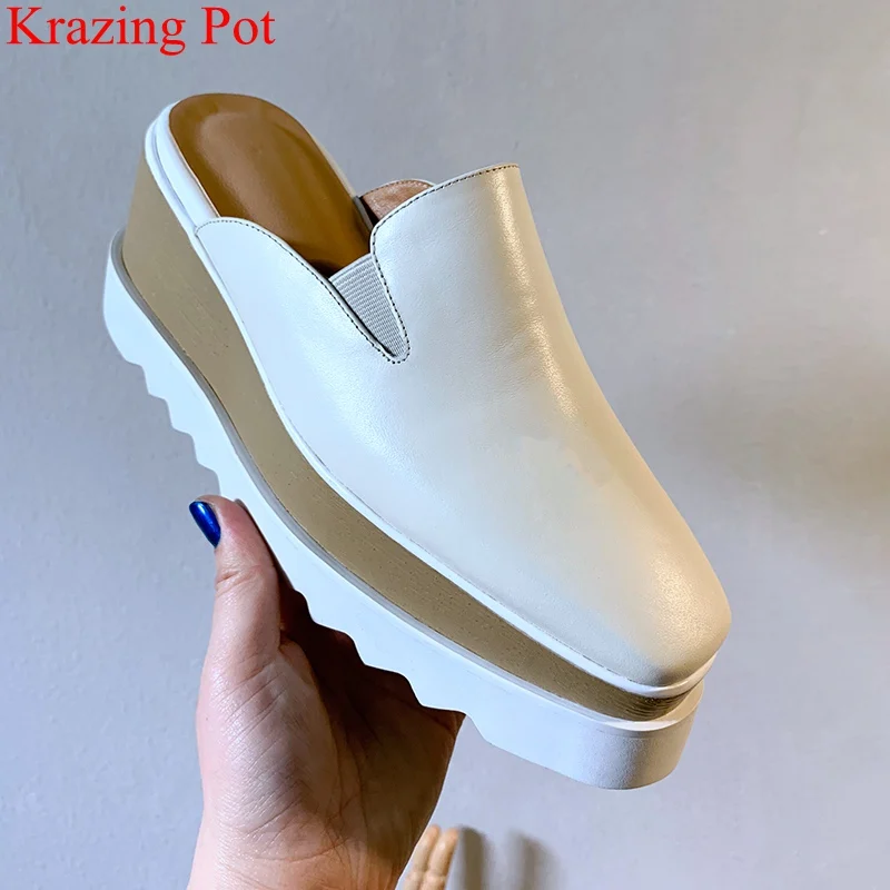 

fashion brand cow leather slip on high heels wedge women sandals square toe mules slingback increasing casual summer shoes L11