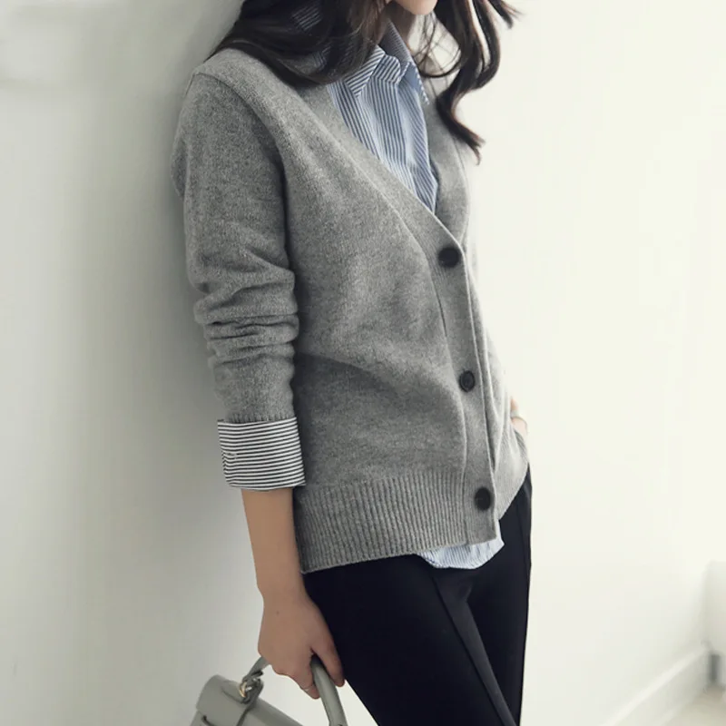 

Basic Brief V Neck Cardigan Sweater Women Knitted Cardigans Black grey Beige