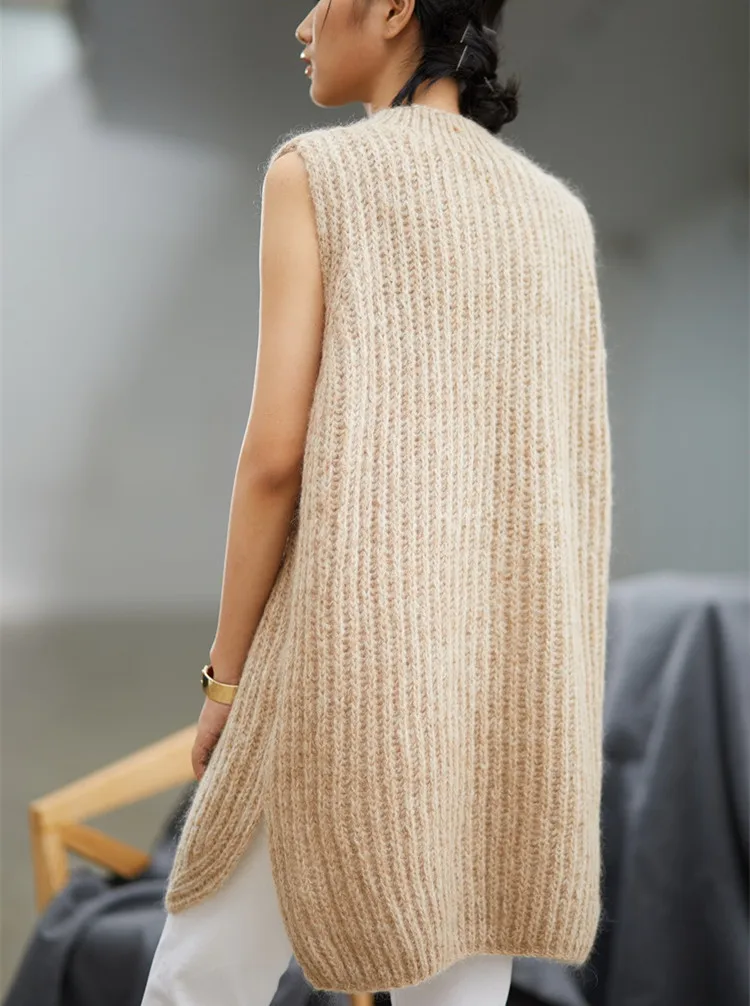  new arrival 100%hand made wool Oneck knit women streetwear solid open hem loose vest sweater one&ov