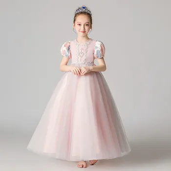 

Summer Luxury New Children Girls Birthday Evening Party Princess Long Mesh Dress Kids Teens Elegant Beading Host Pageant Dress