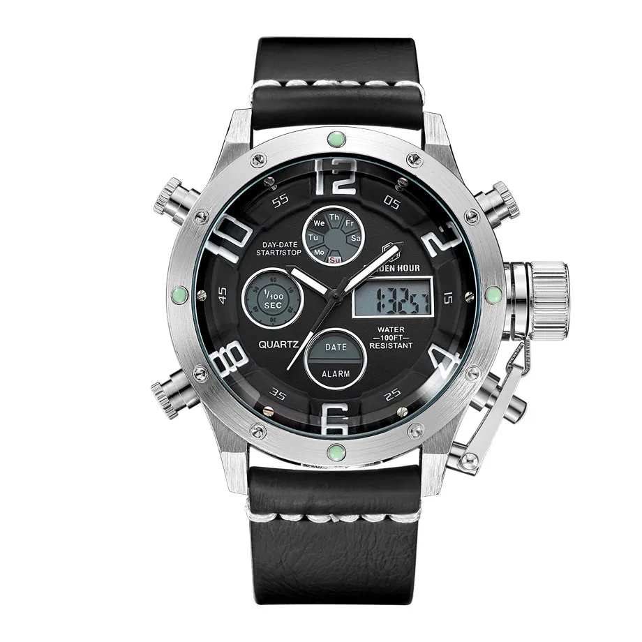Люксовый бренд, Водонепроницаемые кожаные кварцевые аналоговые часы для мужчин, цифровой светодиодный, армейские, военные, спортивные наручные часы, relogio masculino, подарок