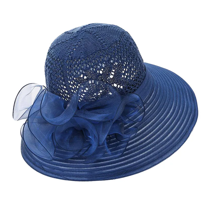 

2019 Women Floppy Summer Hat Elegant Fancy Striped Bow Wide Brim Sun Hat Organza Kentucky Derby Wedding Hat Ladies Occasion Hats