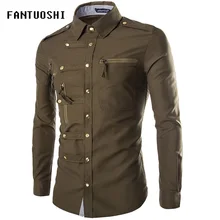 Осень, новинка, повседневная мужская футболка с пилотом, длинный рукав, тонкая рубашка с отворотом, мужская мода, эполет, двойной карман, рубашки, армейский зеленый, XXL