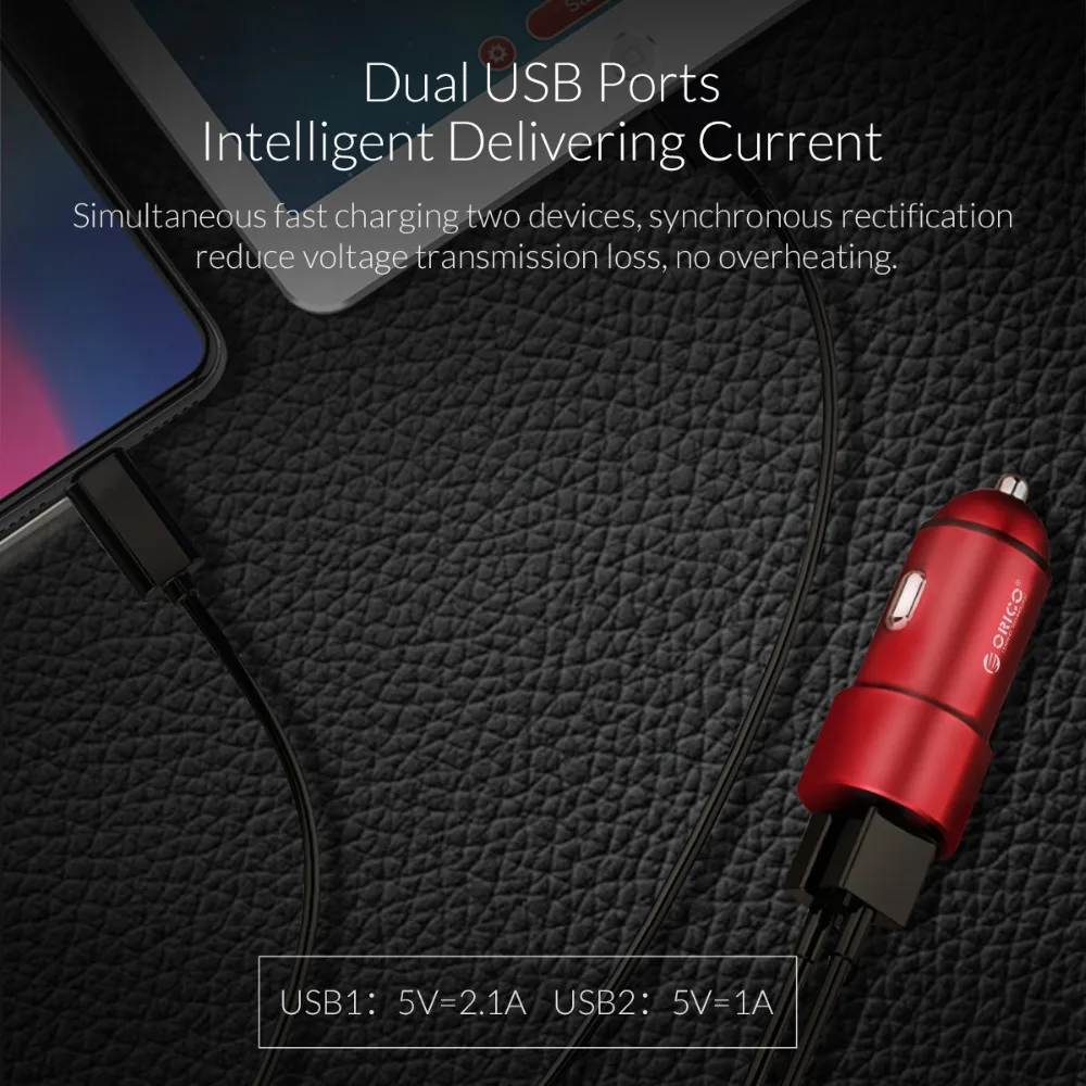 ORICO المزدوج منافذ USB شاحن سيارة الألومنيوم 5 V 2.1A الذكية السفر معدِّل سيارة ل فون سامسونج Xiaomi سيارة شاحن يو اس بي
