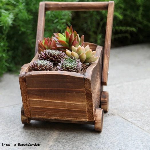 simple design wood tone vintage hand crafted small wooden cart planter (2)