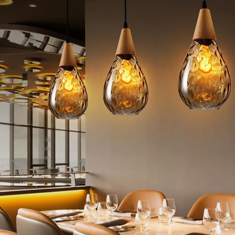 Modern Glass Pendant Light Vintage Amber Smoky Clear Glass Wood Hanging Pendant Lamp Decorative Indoor Pendant Light E27 E26 (22)