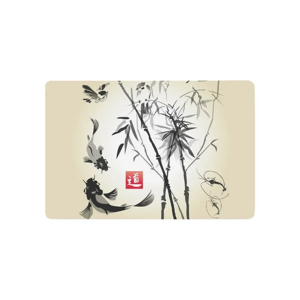 Japan Anti-slip Door Mat Home Decor, Japanese Bamboo Bird and Fish Indoor Outdoor Entrance Doormat