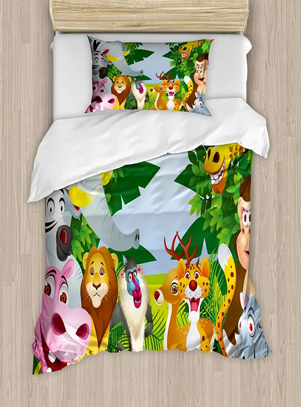 

Duvet Cover Set, Group of Safari Jungle Animals with Funny Expressions Cute African Savannah Mascots, 4 Piece Bedding Set
