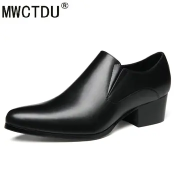 

MWCTDU Genuine leather men shoes high heels pointed toe slip on height increase men's dress shoes wedding shoes men dance shoes