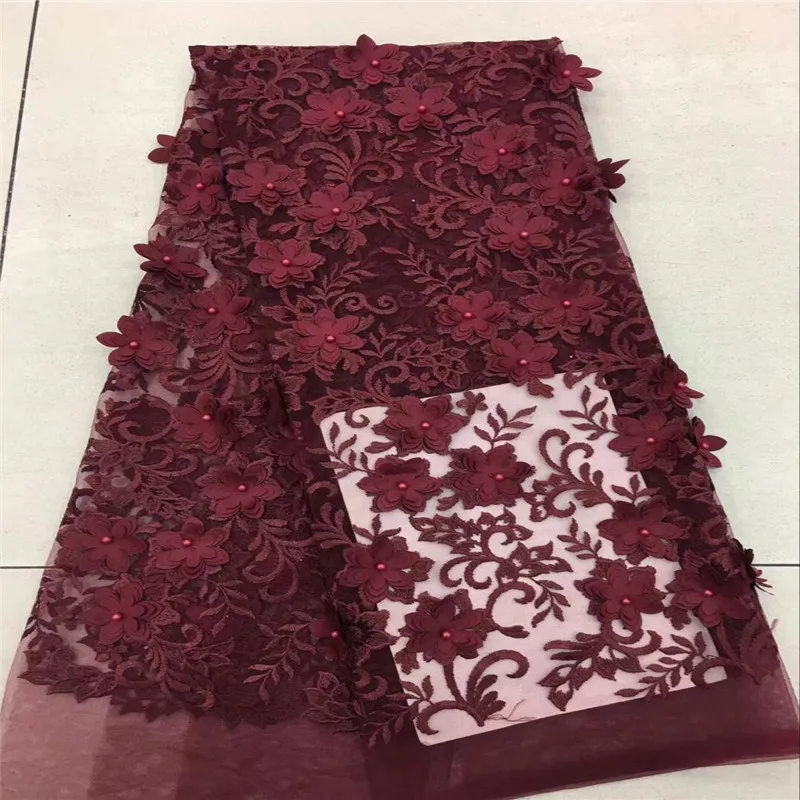 

French lace fabric very popular new arrival beautiful wine red african 3D flower embroidered mesh lace fabric party dress
