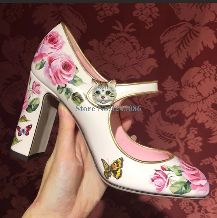 

White Round Toe Printing Thick Heel Pumps Cat Buckle Strap Mary Janes Shoes Flower Sweet Retro Ladies Party Shoes Spring New