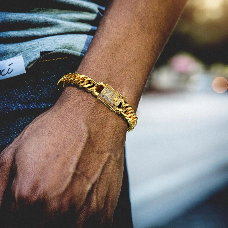 

2019 Iced Zircon Cuban Chain Bracelet AAA CZ Golden Men's Hip Hop Miami Cuban Link Bracelet Micro Pave thin Cubic Zircon jewelry