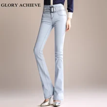 Женские джинсы с высокой талией в стиле ретро, обтягивающие джинсы с расклешенным низом, женские узкие эластичные расклешенные брюки, женские джинсовые брюки с поясом