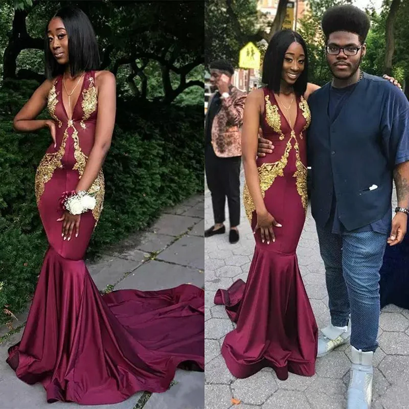 Sexy Deep V Neck Black Girls Burgundy Prom Dresses Long Gold Lace Appliques African Mermaid Evening Gowns Formal Party Dress | Свадьбы и