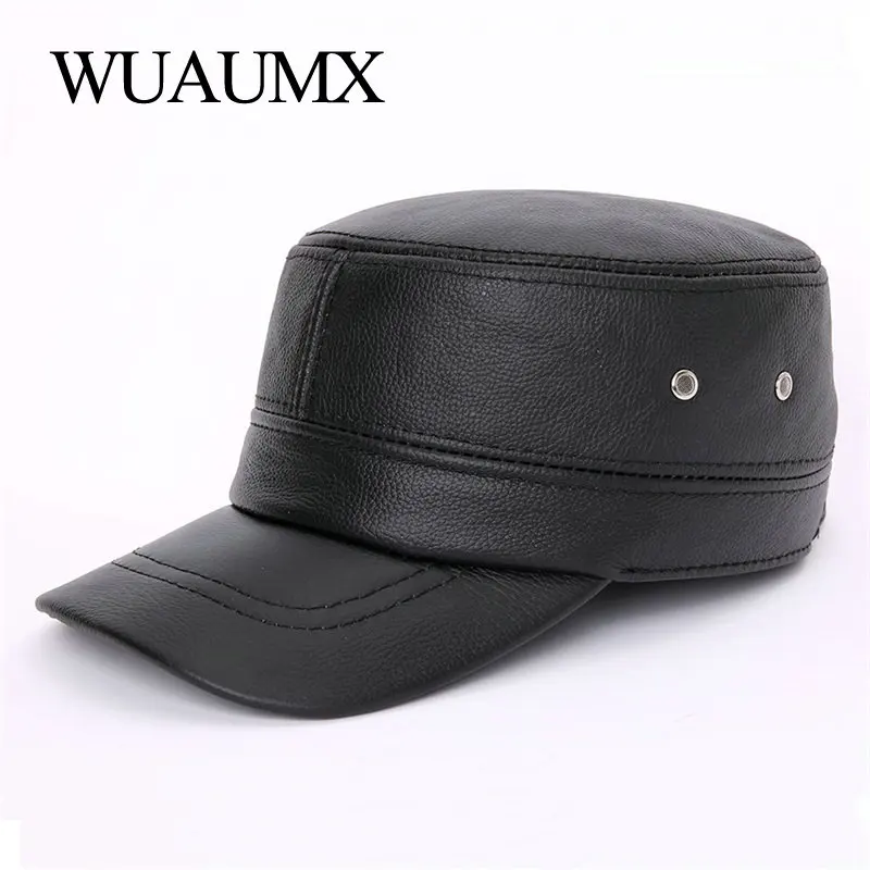 Wuaumx телячья кожа военной Шапки Для мужчин зима теплая Earflap натуральной воловьей кожи шляпа коровьей потолок наушники плоским Бейсбол Кепки