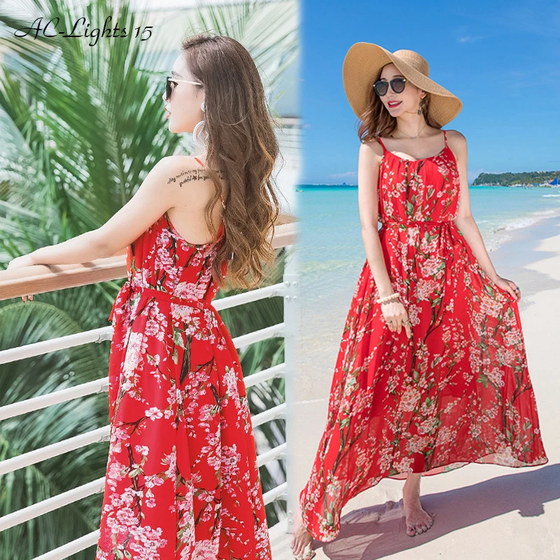 BOHO женские летние платья Пляжные шифон Красный Цветочный принт для пикантные