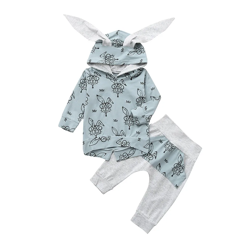 Одежда для новорожденных с пасхальным кроликом; комплект из топа с капюшоном с длинными рукавами и принтом кролика и штанов для маленьких мальчиков и девочек; Прямая поставка