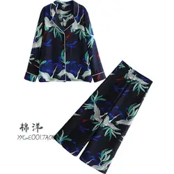 Комплект женский 2018 лето новый элегантный повседневный японский стиль печать с длинными рукавами рубашка + широкие брюки модный костюм из