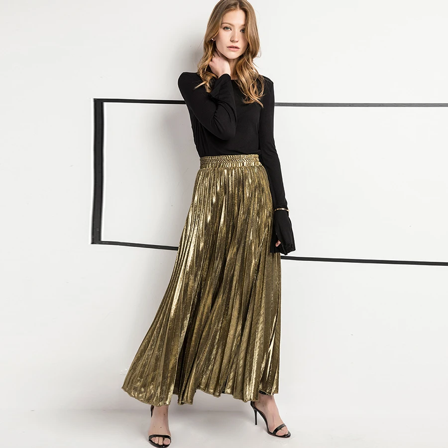 

Summer Stylish Pleated Skirt Woman Simple Solid Elasticity Slim Skirt Ladies High Waist Gold A-Line Skirt Women Plus Size XXL