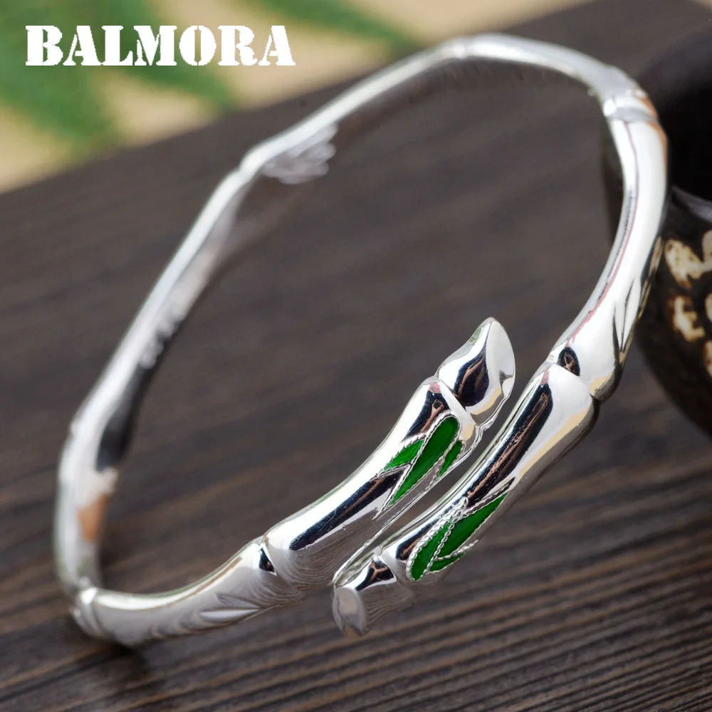 

BALMORA 990 Pure Silver Enameling Bamboo Leaves Open Bangles for Women Men Gift about 18cm Fashion Jewelry Pulsera SZ0477