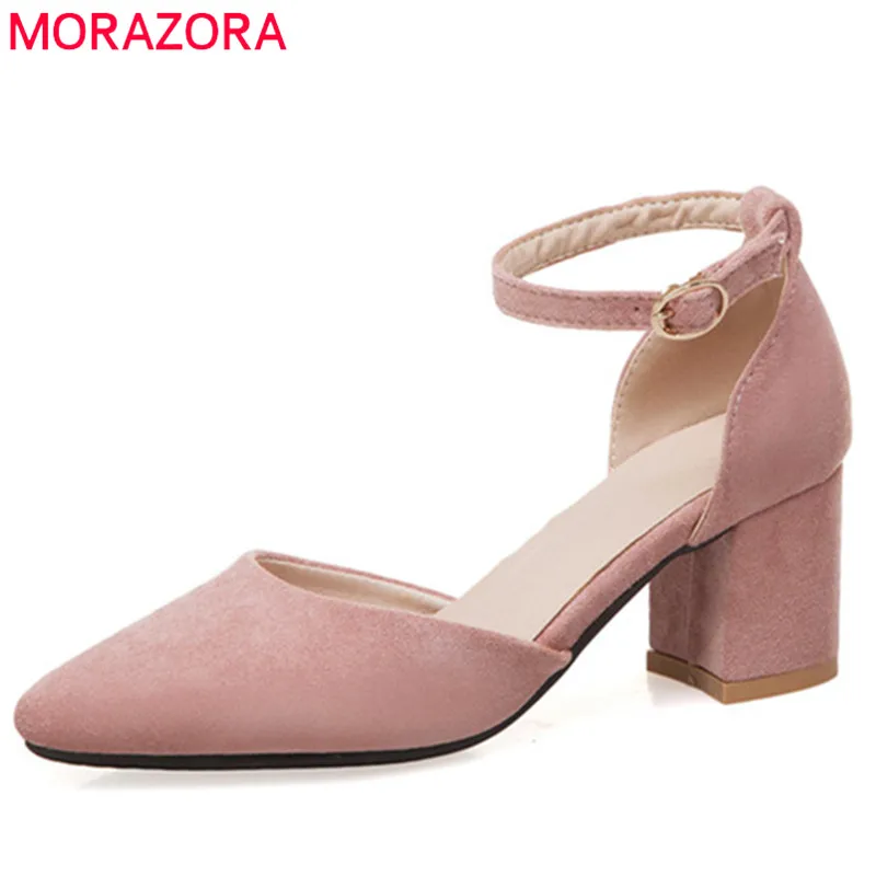 

MORAZORA 2019 new arrival women pumps flock pointed toe summer shoes simple ankle buckle high heels shoes woman dress shoes