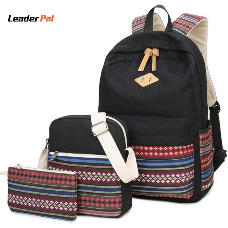 3 Pcs Set Cute Women Backpacks Canvas Geometric Printing Bags Women Casual School Bag for Teenage