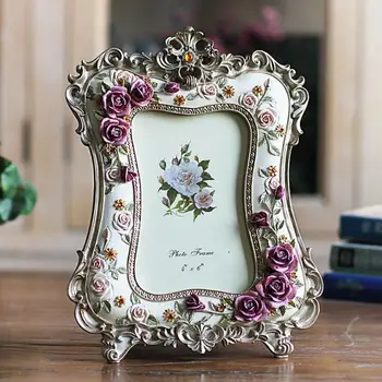 

6 Inch Rose Resin Photo Frame Desktop Crafts Picture Frame Creative Wedding Gift Home Retro Court Decorative Accessories 05561